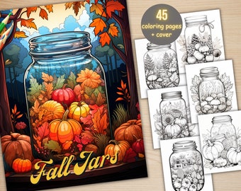 45 Fall Jars Coloring Book, Printable Fall Pumpkin in a Jar Coloring Pages, Grayscale Fantasy Autumn Scenes Coloring Book for Adult and Kids