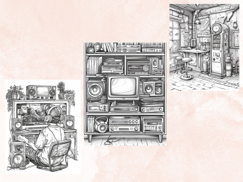 45 Nostalgia 90's Aesthetic Coloring Book, Printable PDF, Nostalgia Coloring Pages, Grayscale Vintage Scenes Coloring Book for Adults Kids