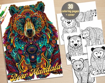 30 Bear Mandala Coloring Book, Printable Stress Relief Patterns Bear Coloring Pages, Mandala Wild Animals Coloring Book for Adult and Kids