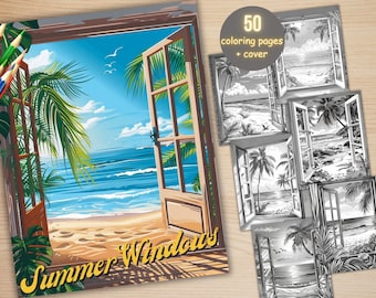 50 Summer Windows Coloring Book, Printable Beach Window Coloring Pages, Grayscale Summer Vacation Scenes Coloring Book for Adults and Kids