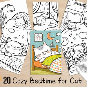 Cute And Cozy Easy Coloring Book, Kawaii Cat Bedtime Scenes Coloring Pages, Cozy Animals Coloring, Relaxing Activities for Adults and Kids