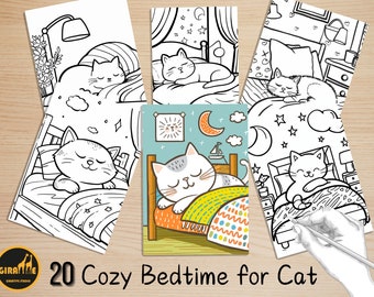 Cute And Cozy Easy Coloring Book, Kawaii Cat Bedtime Scenes Coloring Pages, Cozy Animals Coloring, Relaxing Activities for Adults and Kids