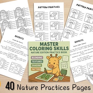 May include: A collection of coloring pages and a book titled "Master Coloring Skills Nature Edition Practice Book." The book features a giraffe illustration and the text "Blending, Textures, Shading, Pattern." The pages include various nature-themed coloring exercises.