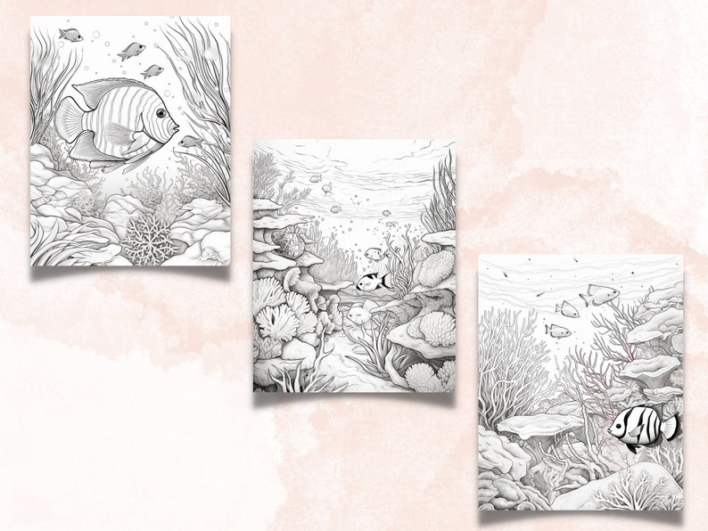 50 Enchanted Underwater Coloring Book, Printable Under the Sea Coloring Pages, Grayscale Ocean Life Scenes Coloring Book for Adults and Kids