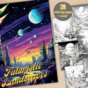 28 Futuristic City Scenes Coloring Book, Printable PDF, Fantasy Landscape Coloring Pages, Architecture Grayscale Coloring Book for Adults