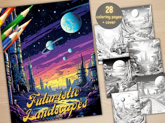 28 Futuristic City Scenes Coloring Book, Printable PDF, Fantasy Landscape Coloring Pages, Architecture Grayscale Coloring Book for Adults