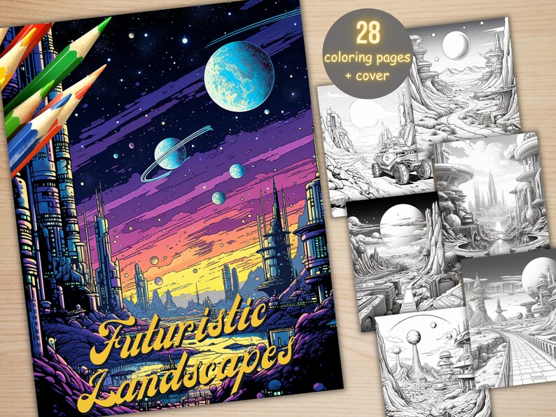 K&ouml;nnte beinhalten: Ein Malbuchcover mit einer futuristischen Stadtlandschaft mit einem lila, orange und gelben Sonnenuntergang. Der Titel auf dem Cover lautet "Futuristische Landschaften". Das Buch enth&auml;lt 28 Malvorlagen plus ein Cover.