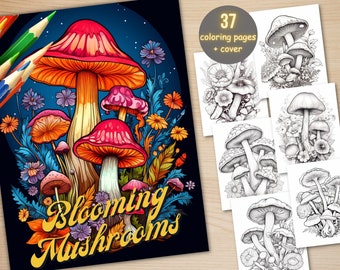 37 Blooming Mushrooms Coloring Book, Printable PDF, Fantasy Floral Mushroom Coloring Pages, Grayscale Coloring Book for Adults and Kids