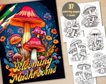 37 Blooming Mushrooms Coloring Book, Printable PDF, Fantasy Floral Mushroom Coloring Pages, Grayscale Coloring Book for Adults and Kids