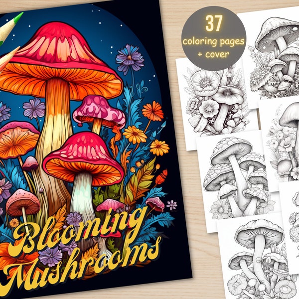 37 Blooming Mushrooms Coloring Book, Printable PDF, Fantasy Floral Mushroom Coloring Pages, Grayscale Coloring Book for Adults and Kids