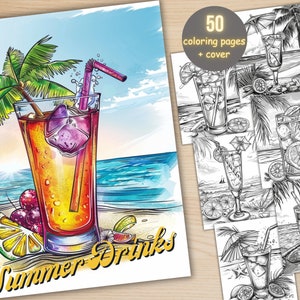 50 Summer Beach Drinks Coloring Book, Printable Beach Cocktail Coloring Pages, Grayscale Coloring Book for Adult, Relax and Stress Relief