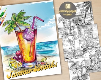 May include: A coloring book cover featuring a colorful illustration of a summer drink with a straw, ice cubes, and a slice of lime. The drink is in a tall glass and is surrounded by palm leaves and a beach scene. The text "Summer Drinks" is written in a stylized font below the glass.