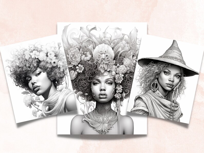 May include: Three black and white illustrations of women with different hairstyles and accessories. The first woman has a crown of flowers, the second woman has a floral headdress, and the third woman wears a witch's hat.