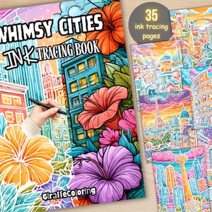 Puede incluir: Un colorido "Whimsy Cities Ink Tracing Book" con 35 páginas de trazado de tinta. La portada presenta ilustraciones vibrantes de edificios, flores y el texto "Whimsy Cities Ink Tracing Book". Una mano sostiene un bolígrafo sobre el libro. Páginas adicionales muestran paisajes urbanos.