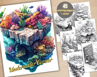 45 Underwater Corner Coloring Book, Printable Under the Sea Coloring Pages, Ocean Grayscale Coloring Book for Adults, Relax Stress Relief