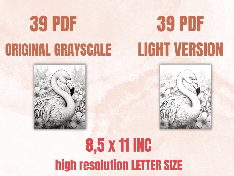 May include: A set of 39 printable PDF coloring pages featuring a flamingo in a field of flowers. The pages are available in both original grayscale and a light version. The pages are 8.5 inches by 11 inches, letter size, and high resolution.