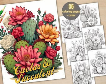 35 Floral Cactus & Succulent Coloring Book, Printable PDF, Botanical Coloring Pages, Fantasy Grayscale Coloring Book for Adults and Kids