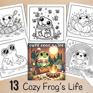 May include: A set of 13 coloring pages featuring cute frogs in various activities, including floating on a lily pad, relaxing in a jar, and enjoying a campfire. The pages are black and white and ready to be colored.