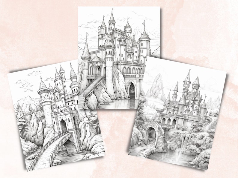Puede incluir: Tres dibujos en blanco y negro de castillos de cuento de hadas con puentes y cascadas. Cada castillo es &uacute;nico y est&aacute; detallado con torres, ventanas y puertas.