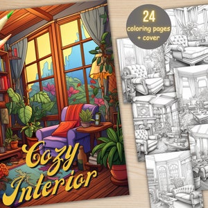 24 Cozy Room Interior Design Coloring Book, Printable PDF, Boho Bohemian Architecture Coloring Pages, Grayscale Coloring Book for Adults