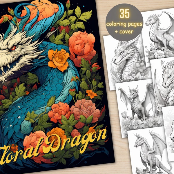 35 Floral Dragon Coloring Book, Printable Flower Forest Dragon Coloring Pages, Grayscale Coloring Book for Adults and Kids, Fantasy Coloring