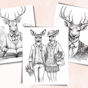 50 Fantasy Deer Coloring Book, Printable Secret Life of Deer Coloring Pages, Grayscale Reindeer Cute Animal Coloring Book for Adults and Kid