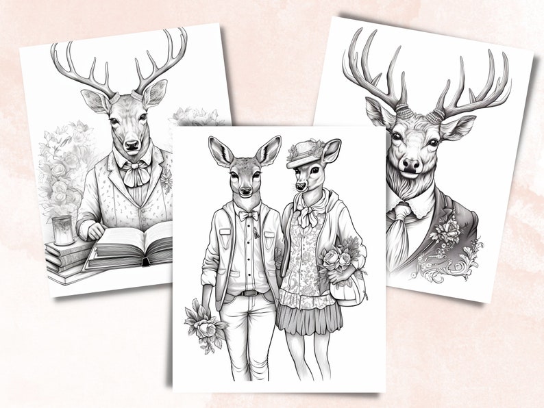 50 Fantasy Deer Coloring Book, Printable Secret Life of Deer Coloring Pages, Grayscale Reindeer Cute Animal Coloring Book for Adults and Kid