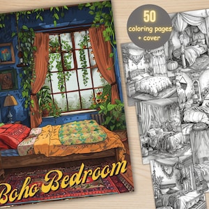 50 Boho Bedroom Coloring Book, Printable Bohemian Interior Design Coloring Pages, Fantasy Grayscale Cozy Bedroom Coloring Book for Adults