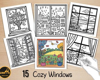 Bold and Easy Coloring Book, Cozy Window Scenes Coloring Pages, Cute Kawaii Window Landscape Coloring, Relaxing Activity for Adults and Kids