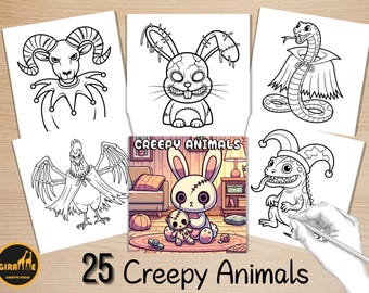 May include: Six illustrations of creepy animals, including a ram, a rabbit, a snake, a rooster, a lizard, and a central image of a rabbit with a doll. The text "25 Creepy Animals" is displayed below the images.