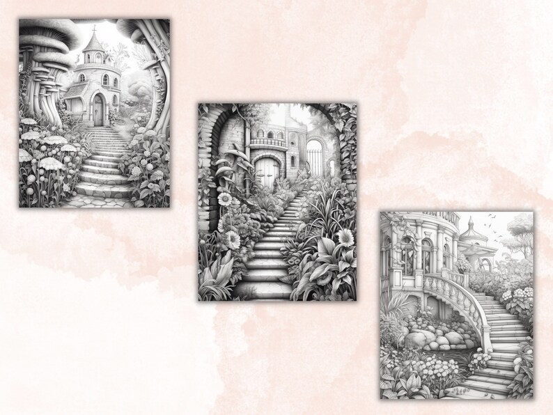 May include: Three black and white pencil drawings of whimsical garden scenes with stone steps leading up to a building. The first scene features a small stone building with a pointed roof and a large archway. The second scene features a stone archway with a door and a stone building in the background. The third scene features a stone building with a rounded roof and a bridge leading to the steps.