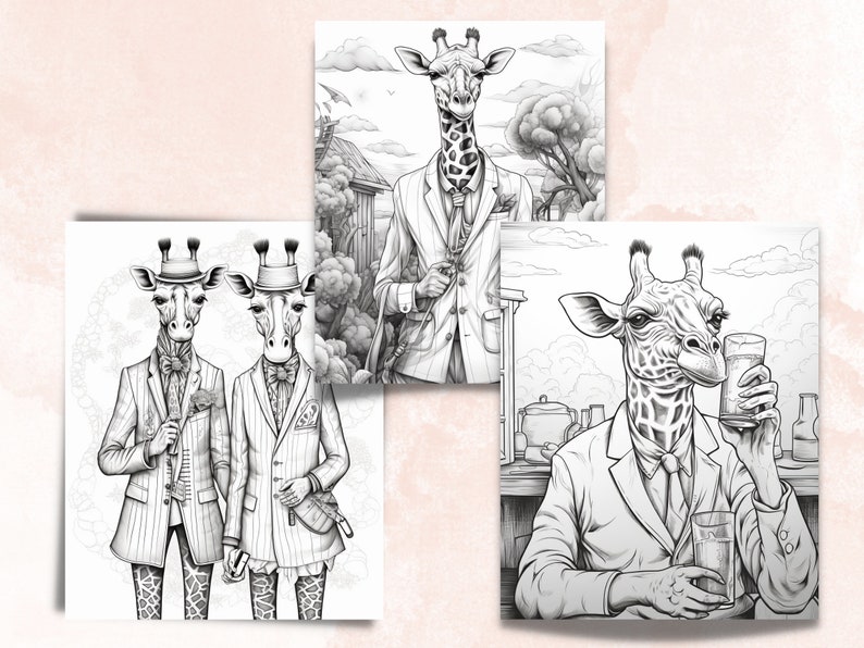 50 Fantasy Giraffe Coloring Book, Printable Secret Life of Giraffe Coloring Pages, Grayscale Cute Animal Coloring Book for Adults and Kids