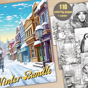 110 Winter Bundle Malbuch, druckbare gemütliche Winterszenen Malseiten, Graustufen verschneite Landschaft Malbuch für Erwachsene und Kinder