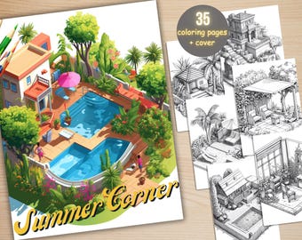 35 Summer Corner Coloring Book, Printable Cute Summer Beach Coloring Pages, Grayscale Coloring Book for Adults, Relax and Stress Relief