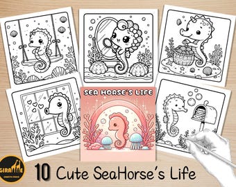 Libro para colorear fácil y atrevido, páginas para colorear de caballitos de mar, escenas submarinas adorables y divertidas, animales marinos de verano para colorear, alivio del estrés para niños