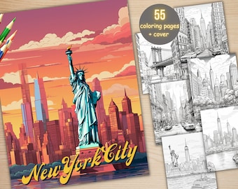 55 New York City Coloring Book, Printable PDF, Cafe Scenes Coloring Pages, Street Landscape Grayscale Coloring Book for Adults and Kids