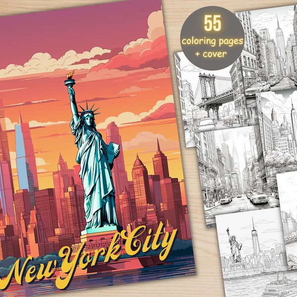 55 New York City Coloring Book, Printable PDF, Cafe Scenes Coloring Pages, Street Landscape Grayscale Coloring Book for Adults and Kids