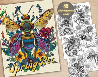 45 Spring Bee Coloring Book, Printable Floral Bee Coloring Pages, Grayscale Spring Flowers Insect Coloring Book for Adults and Kids
