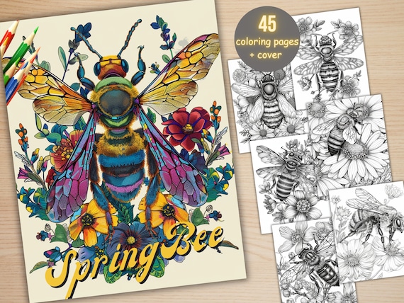45 Spring Bee Coloring Book, Printable Floral Bee Coloring Pages, Grayscale Spring Flowers Insect Coloring Book for Adults and Kids