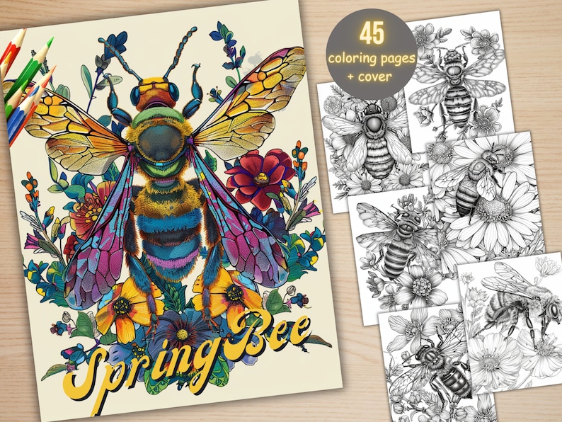 45 Spring Bee Coloring Book, Printable Floral Bee Coloring Pages, Grayscale Spring Flowers Insect Coloring Book for Adults and Kids