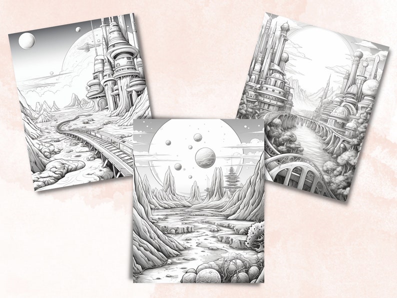 K&ouml;nnte beinhalten: Drei Schwarzwei&szlig;illustrationen futuristischer Stadtlandschaften. Jede Illustration zeigt eine andere Stadt mit einzigartigen Geb&auml;uden, Br&uuml;cken und Landschaften. Die Illustrationen sind perfekt zum Ausmalen.