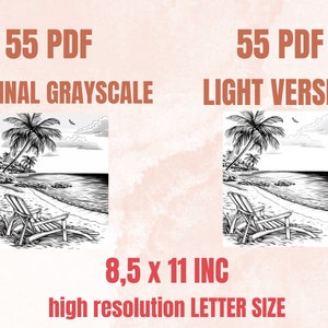 55 Summer Beach Coloring Book, Printable Summer Sea View Coloring Pages, Grayscale Tropical Vacation Landscape Coloring Book for Adults Kids