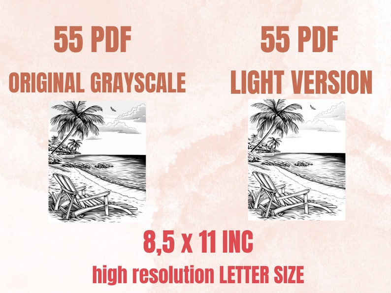 55 Summer Beach Coloring Book, Printable Summer Sea View Coloring Pages, Grayscale Tropical Vacation Landscape Coloring Book for Adults Kids