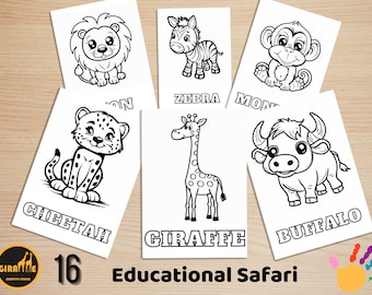 Educational Safari Animals Coloring Book, Preschool Activity Coloring Pages, Printable Kindergarten, Bold and Easy Baby Shower Coloring