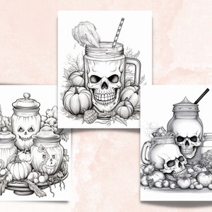 50 Halloween Treats Coloring Book, Printable Pumpkin Dessert and Drink Coloring Pages, Grayscale Halloween Sweets Coloring Book for Adults