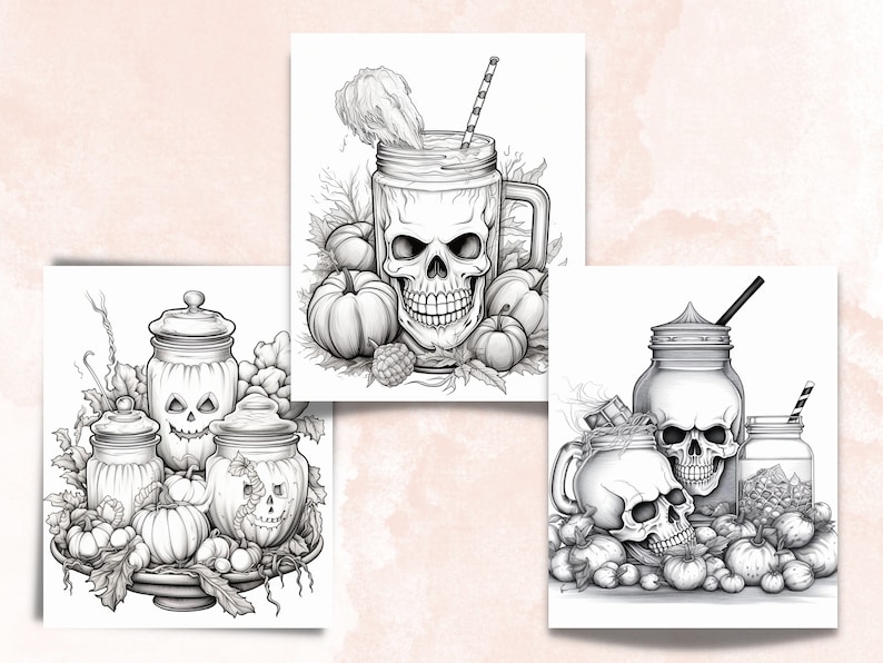 50 Halloween Treats Coloring Book, Printable Pumpkin Dessert and Drink Coloring Pages, Grayscale Halloween Sweets Coloring Book for Adults