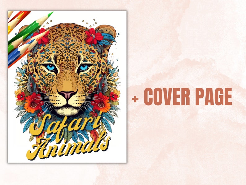 May include: A colorful illustration of a leopard's face with flowers and feathers surrounding it. The text "Safari Animals" is written below the leopard's face.