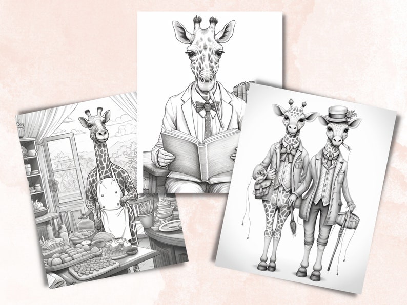 50 Fantasy Giraffe Coloring Book, Printable Secret Life of Giraffe Coloring Pages, Grayscale Cute Animal Coloring Book for Adults and Kids