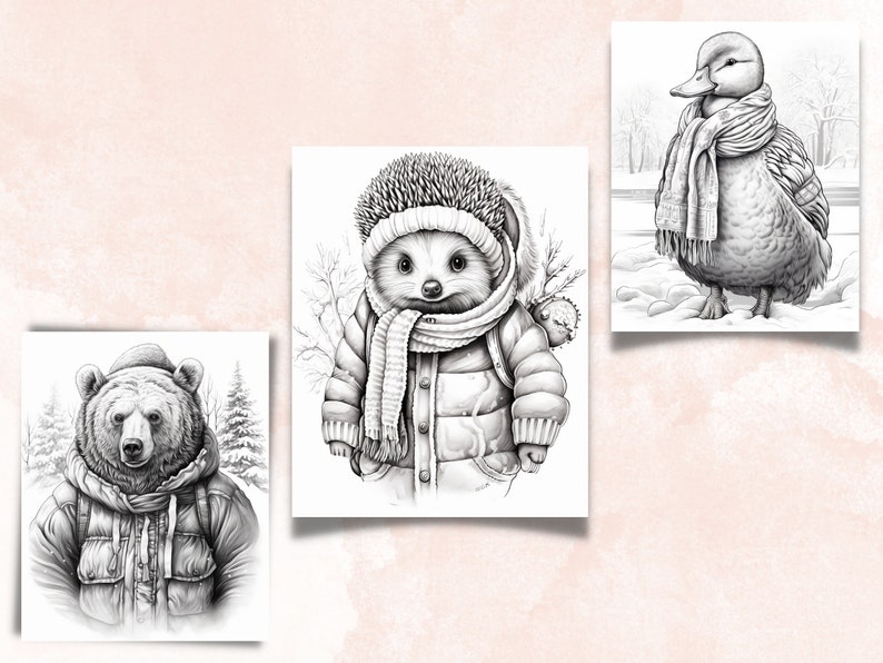 70 Winter Animals Coloring Book, Printable Winter Cutties Coloring Pages, Grayscale Cute Winter Woodland Coloring Book for Adults and Kids