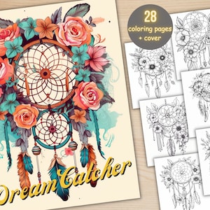 28 Floral Dream Catchers Coloring Book, Printable Fantasy Bohemian Dreamcatcher Coloring Pages, Grayscale Coloring Book for Adults and Kids